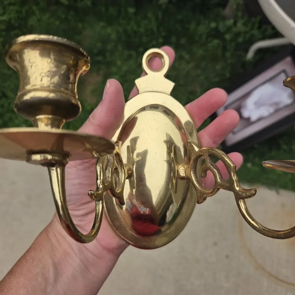 VTG Brass Wall Sconce Double Arm Candle Holder Candelabra Oval Mount